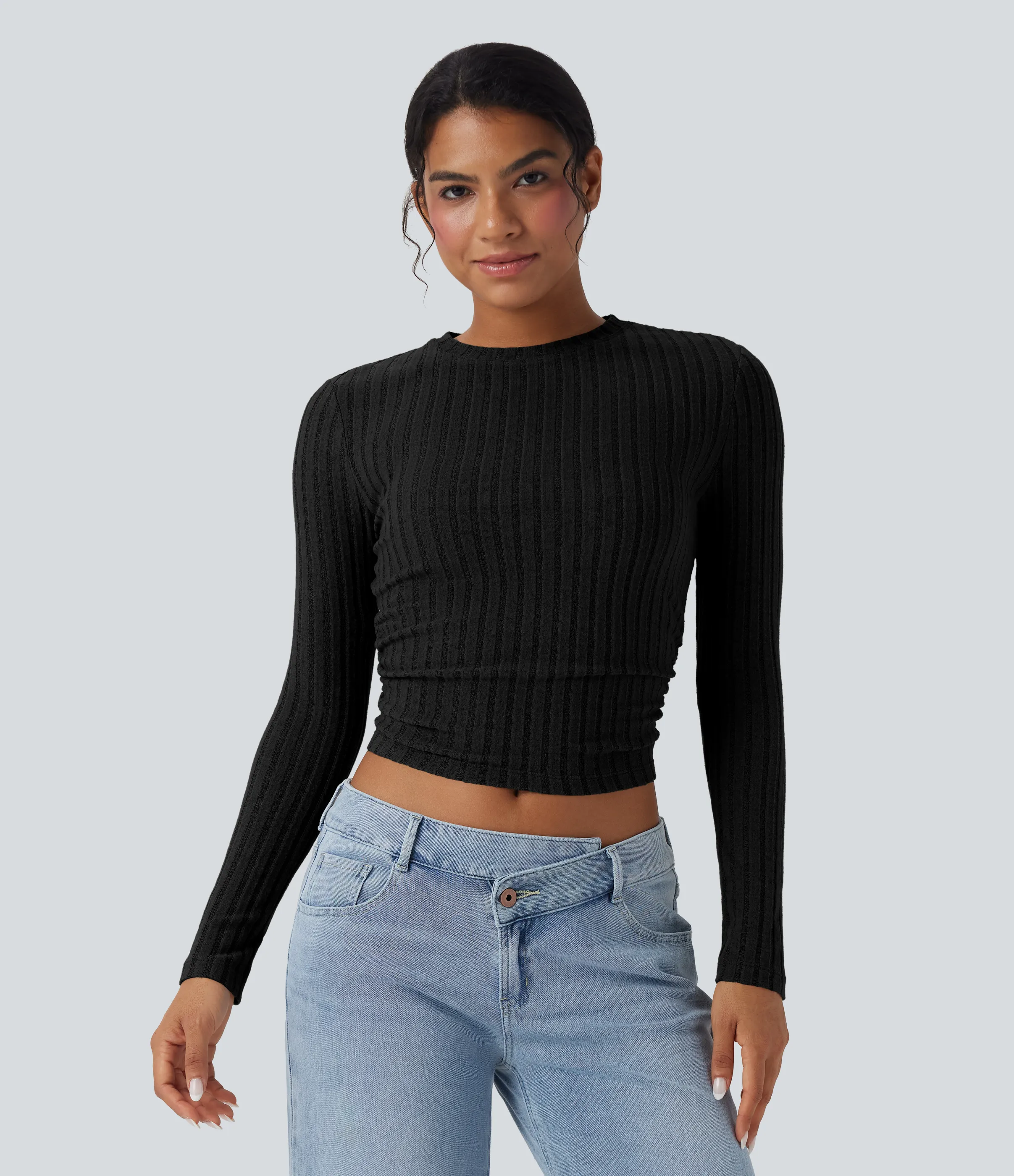 Halara Top casual corto de manga larga con punto acanalado - Black - L sold by Halara product image thumbnail 2