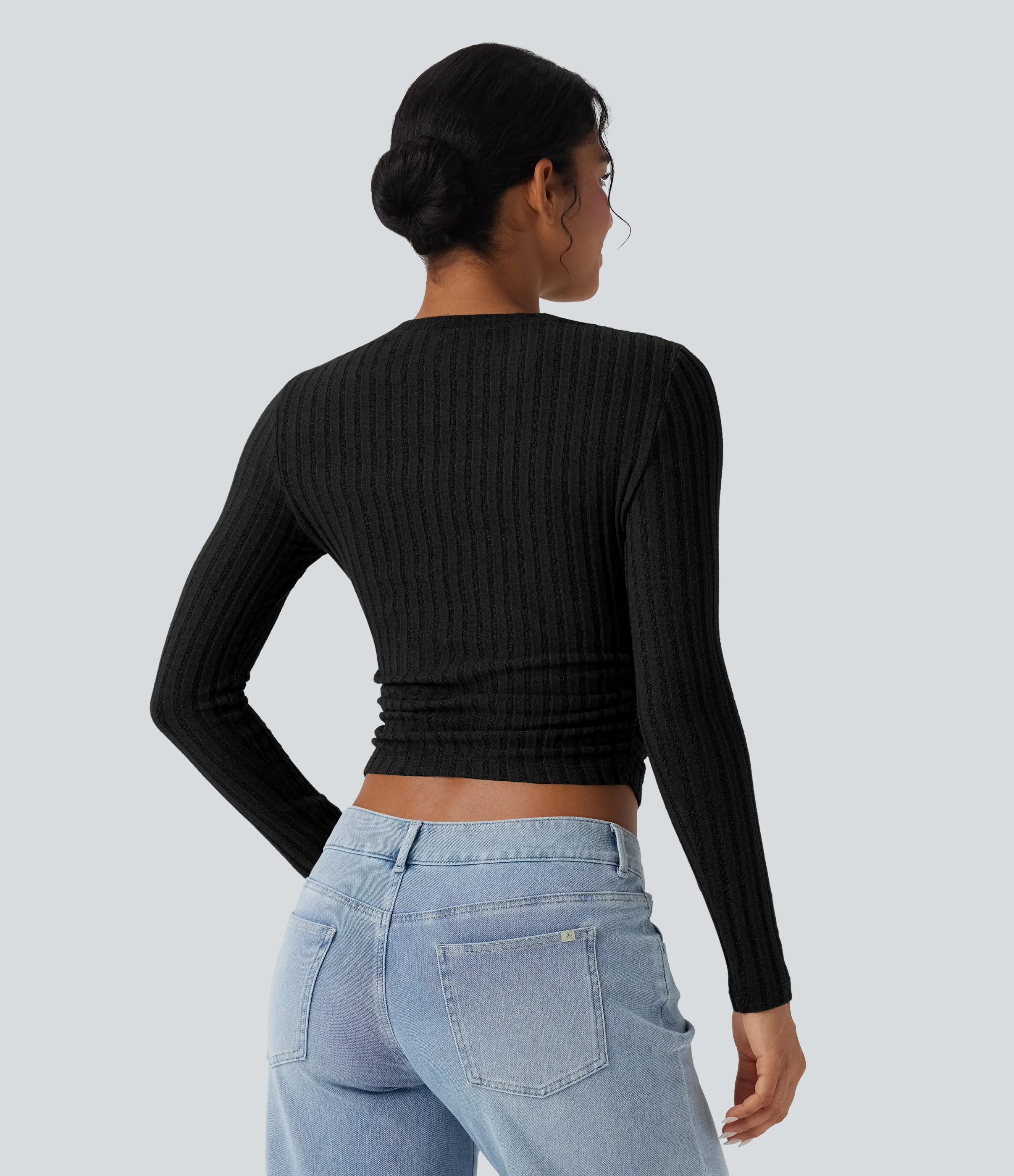 Halara Top casual corto de manga larga con punto acanalado - Black - L sold by Halara product image thumbnail 3
