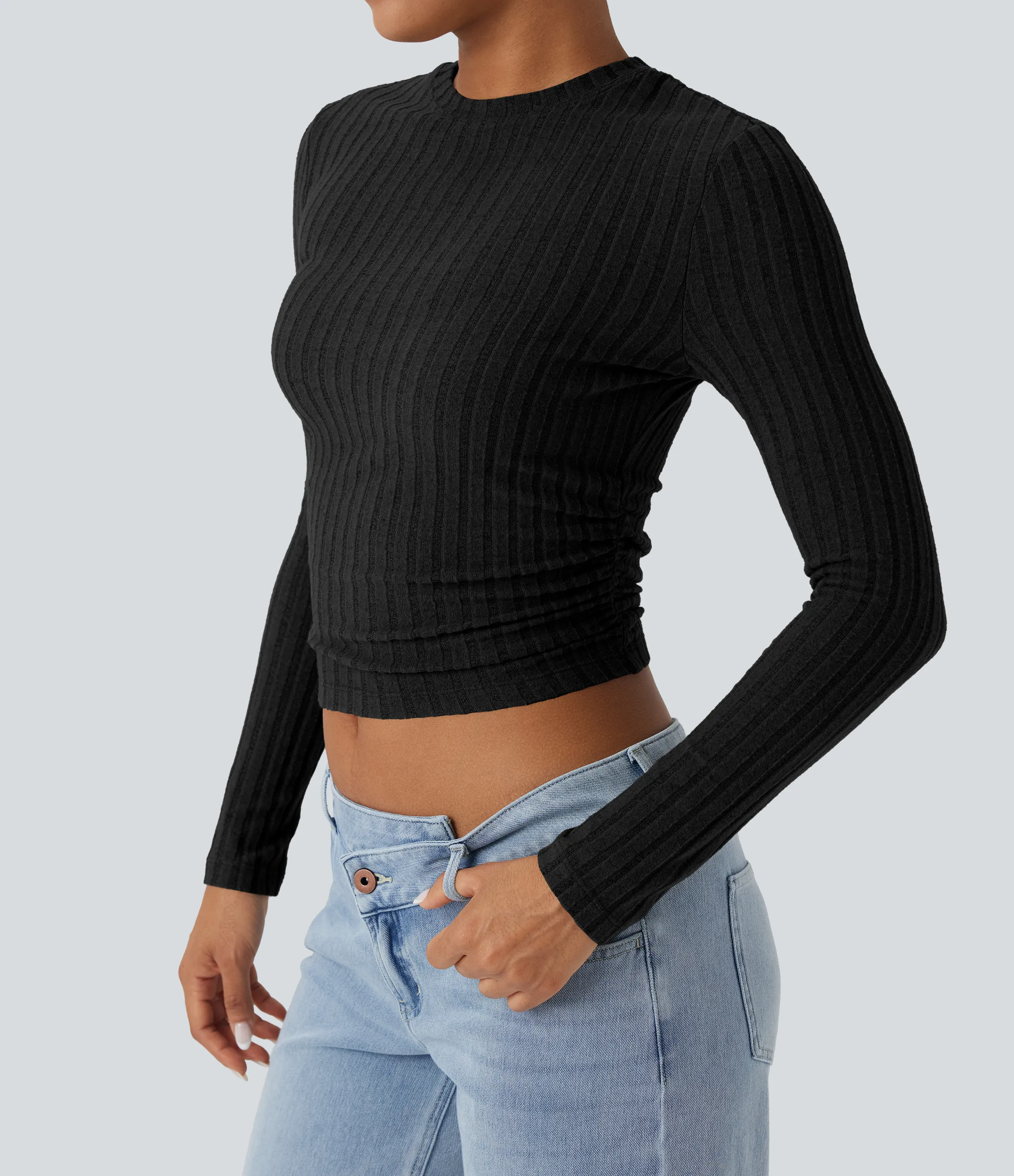 Halara Top casual corto de manga larga con punto acanalado - Black - L sold by Halara product image thumbnail 5