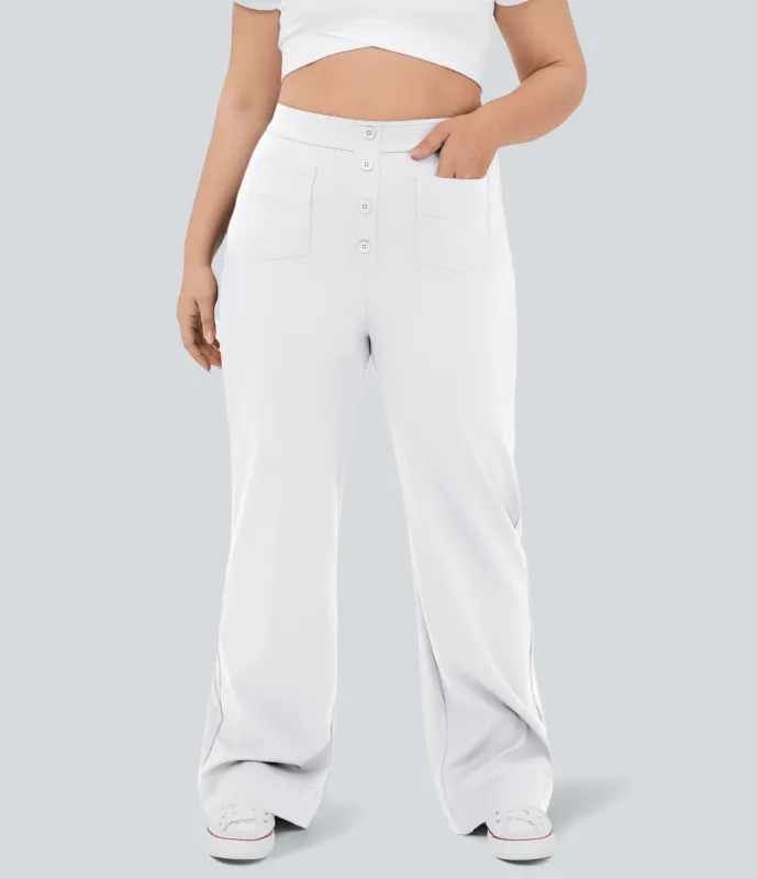Halara Pantalón tiro alto botón múltiple bolsillo pierna recta talla grande - White - 2X sold by Halara