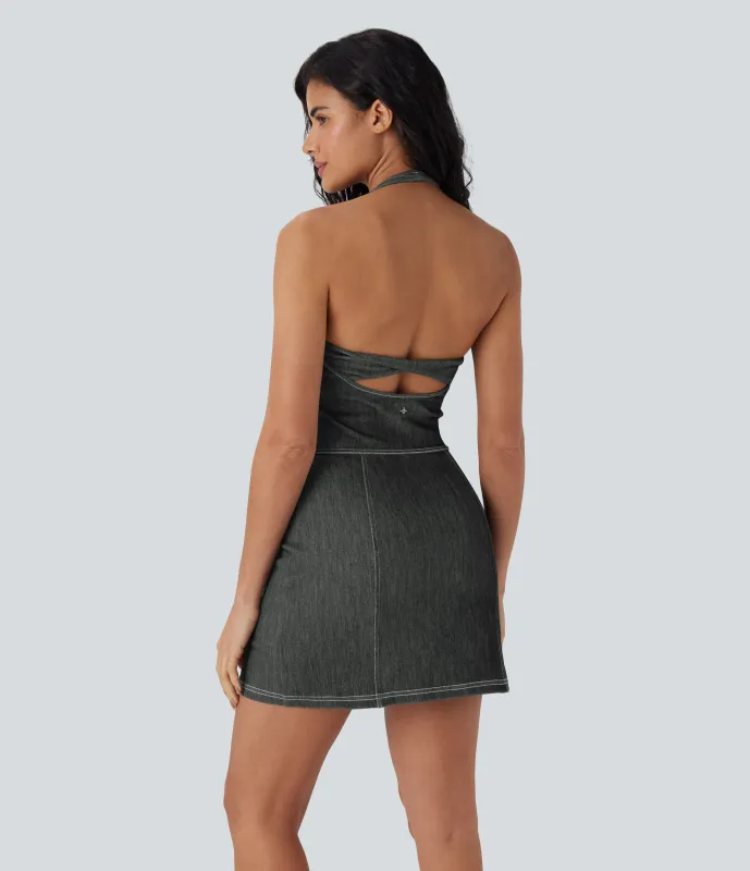 Halara Vestido denim deportivo ajustado y elástico Halara Flex™ para tenis de dos piezas con cuello halter y espalda descubierta estilo desgastado frío al tacto con bolsillos laterales  - Meteorite Black Denim - S sold by Halara