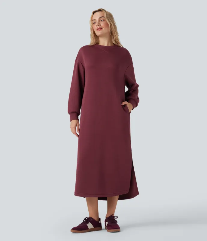 Halara Vestido estilo sudadera larga maxi casual de manga larga con cuello redondo y bolsillos - Oxblood Red - XS sold by Halara