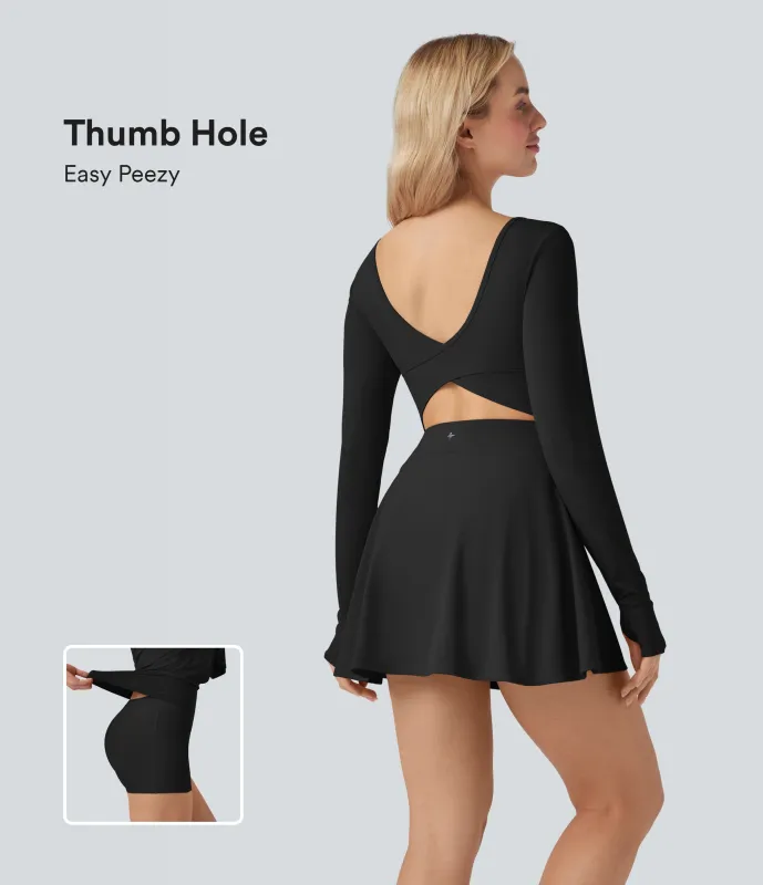 Halara Vestido corto deportivo SoftlyZero™ Airy 2 en 1 de manga larga con escote en U y abertura para el pulgar con tacto fresco y bolsillos - Easy Peezy - Black - XS sold by Halara