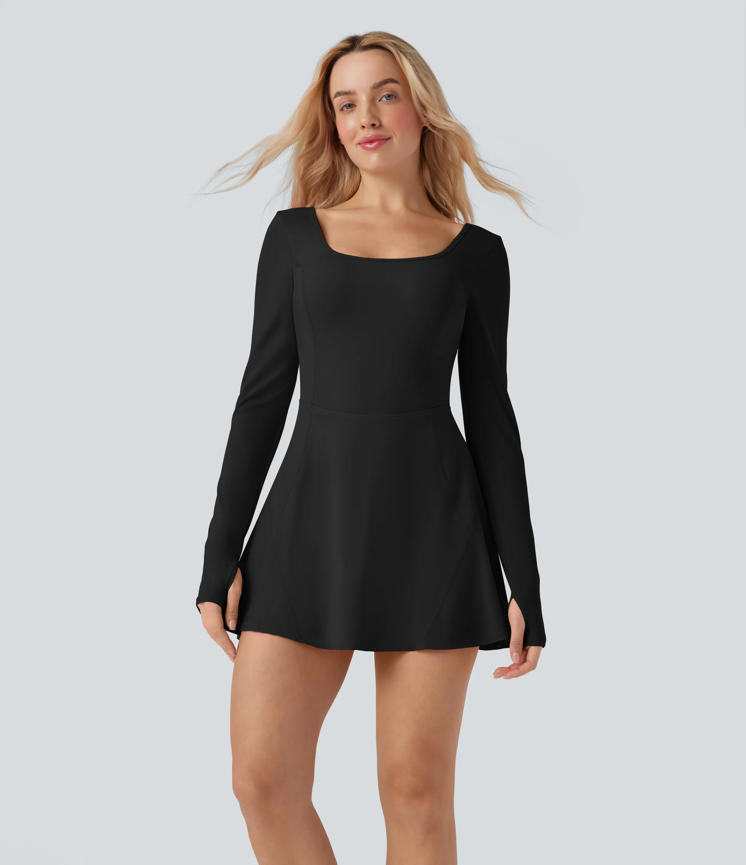 Halara Vestido corto deportivo SoftlyZero™ Airy 2 en 1 de manga larga con escote en U y abertura para el pulgar con tacto fresco y bolsillos - Easy Peezy - Black - XS sold by Halara product image thumbnail 3