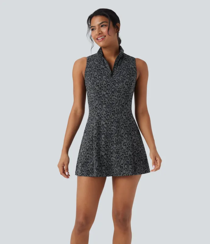 Halara Vestido deportivo de tenis Halara UltraSculpt™ con estampado de leopardo, cuello polo, media cremallera, sin mangas y bolsillos - Shadow Leopard - L sold by Halara