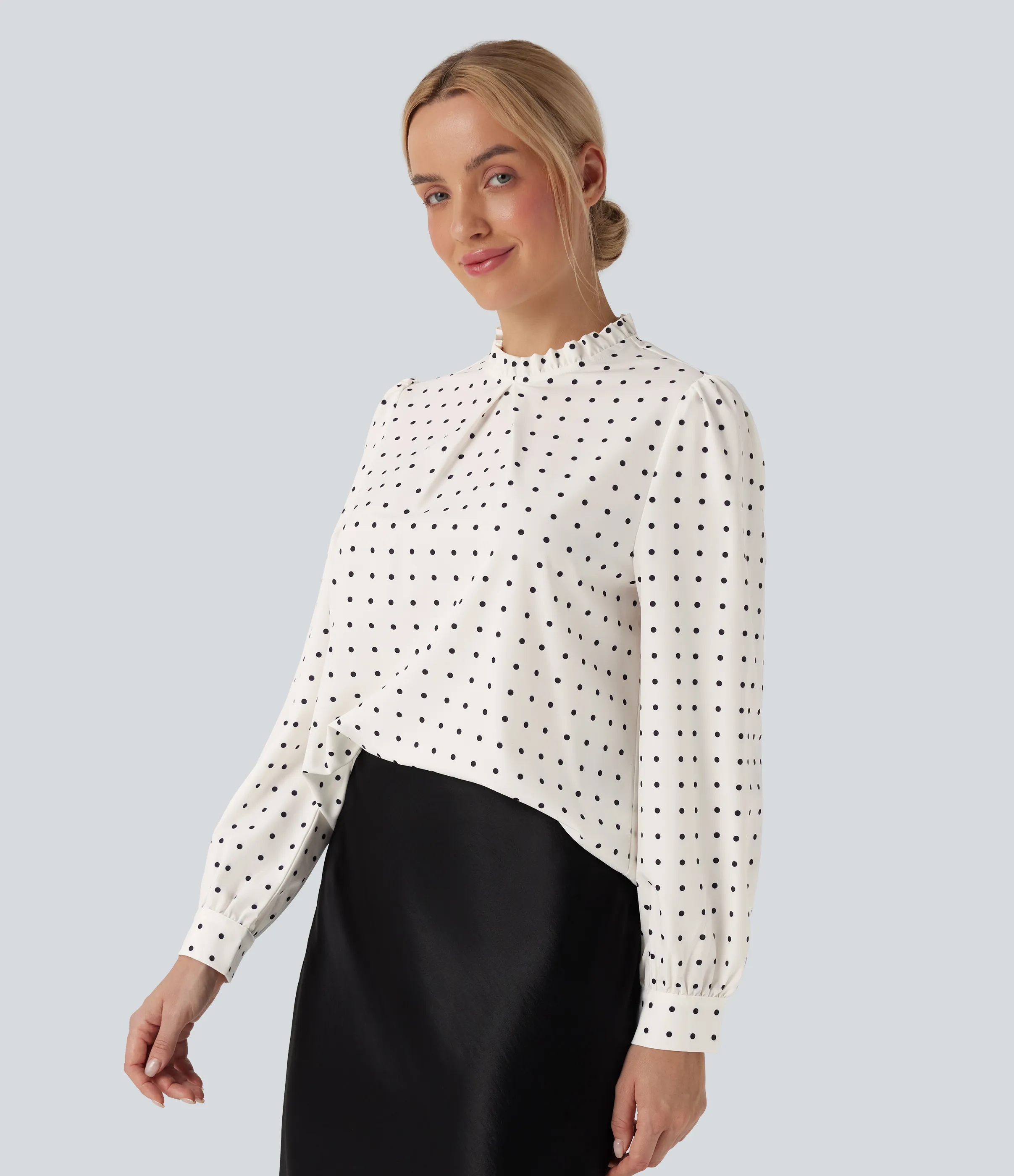 Halara Blusa de oficina con cuello alto y volantes de lunares - Black Polka - L sold by Halara product image thumbnail 4