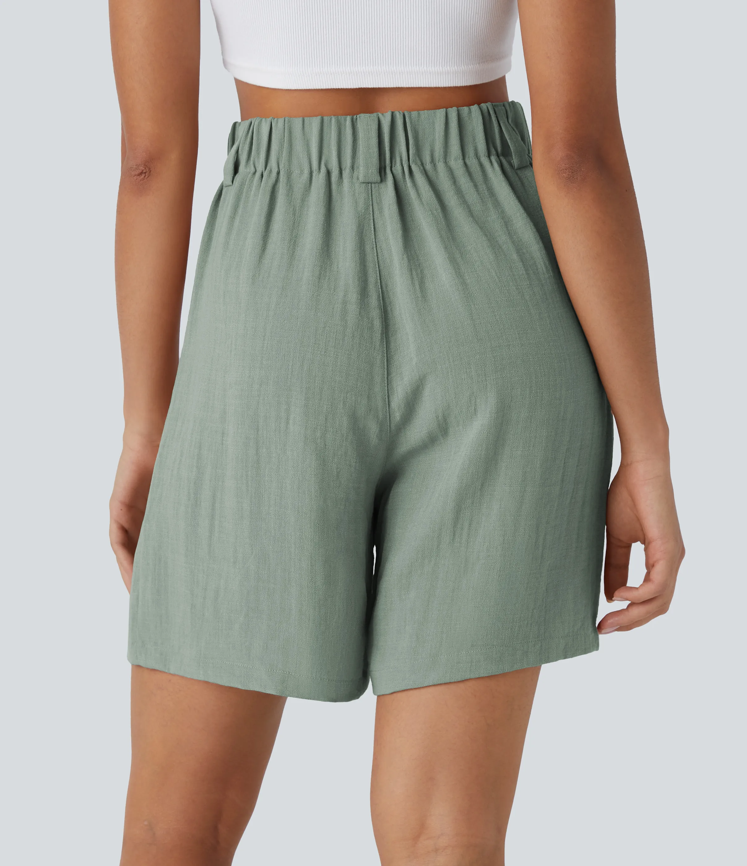 Halara Bermudas casuales anchas con tacto de lino de tiro alto, bolsillo lateral plisado - Iceberg Green - XL sold by Halara product image thumbnail 3