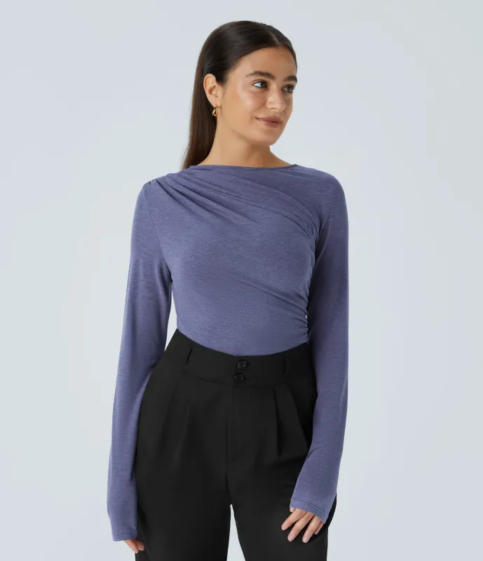 Halara Blusa oficina asimétrica manga larga fruncida - Mottled Indigo - XL sold by Halara