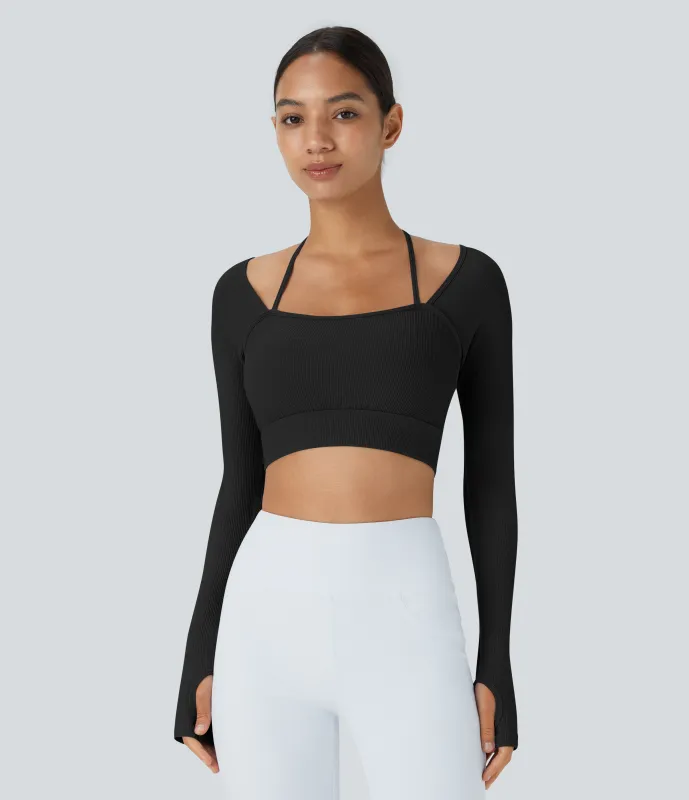 Halara Top deportivo abierto con agujeros para el pulgar y cuello tipo halter - Black - XL sold by Halara