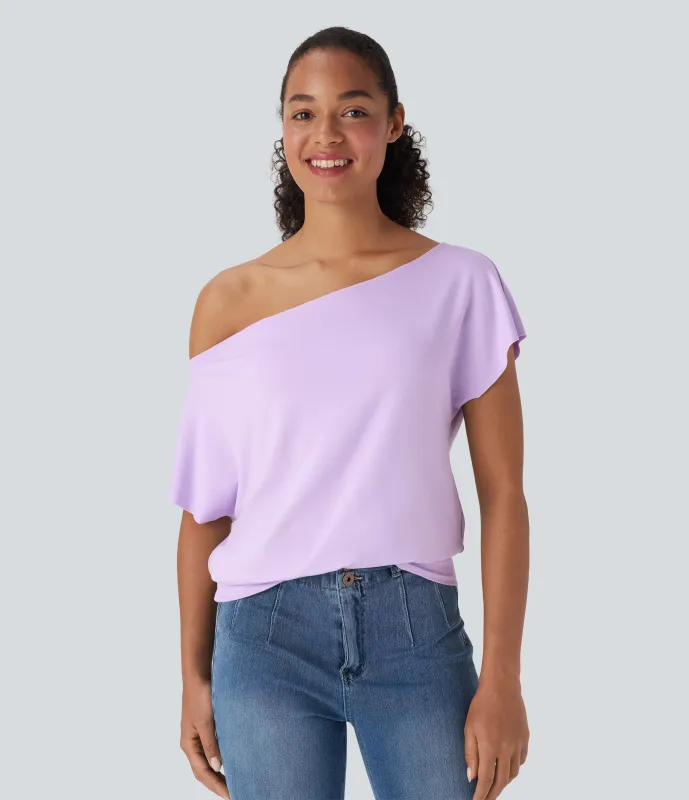 Halara Top casual de manga corta con un hombro al descubierto - Far Purple - XS sold by Halara