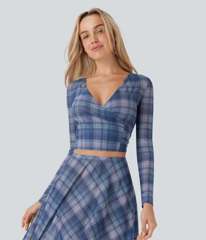 Halara Top con escote en V de malla transparente y lazo en la espalda - Purple Plaid - XL sold by Halara