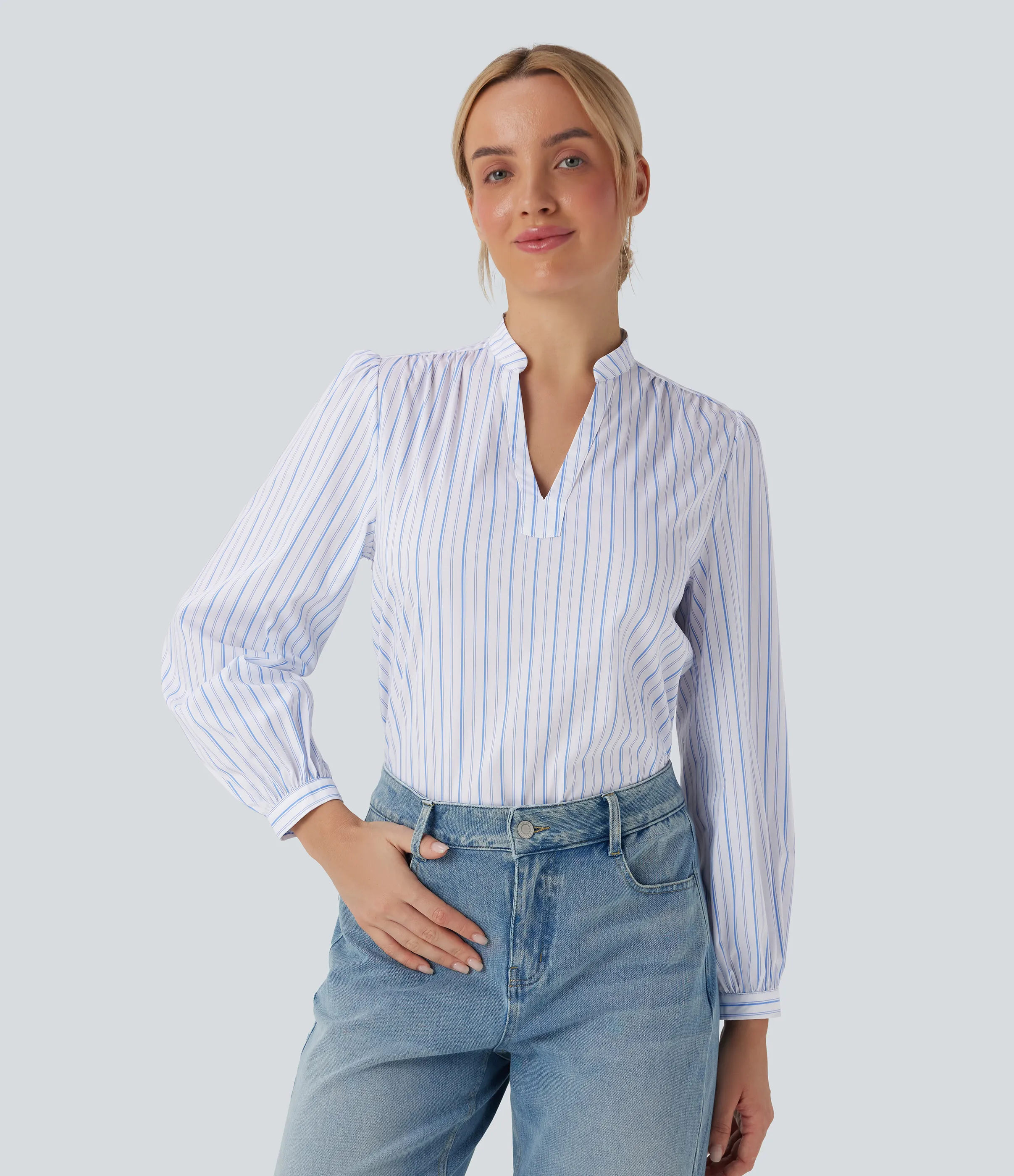 Halara Blusa casual con cuello en V con estampado a rayas y corte asimétrico - Seven Seas - Nautical Blue & White Stripes - L sold by Halara product image thumbnail 2