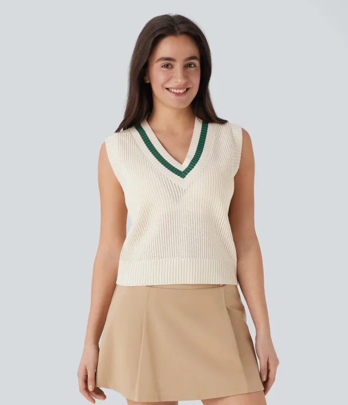 Halara Suéter casual tipo chaleco con cuello en V y bloques de color - Gardenia - S sold by Halara