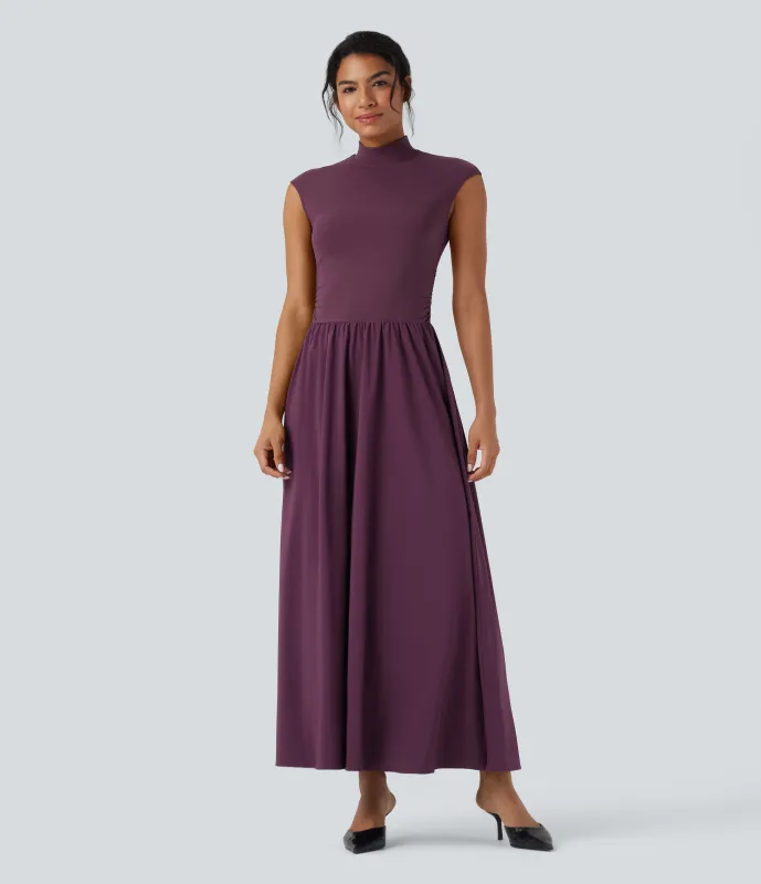 Halara Vestido largo maxi casual Breezeful™ fluido y acampanado con cuello alto de manga corta y secado rápido - Amaranth - XL sold by Halara