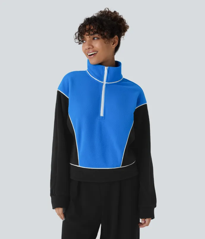 Halara Sudadera polar cuello alto media cremallera manga larga bloque color - Elegant Blue - XS sold by Halara