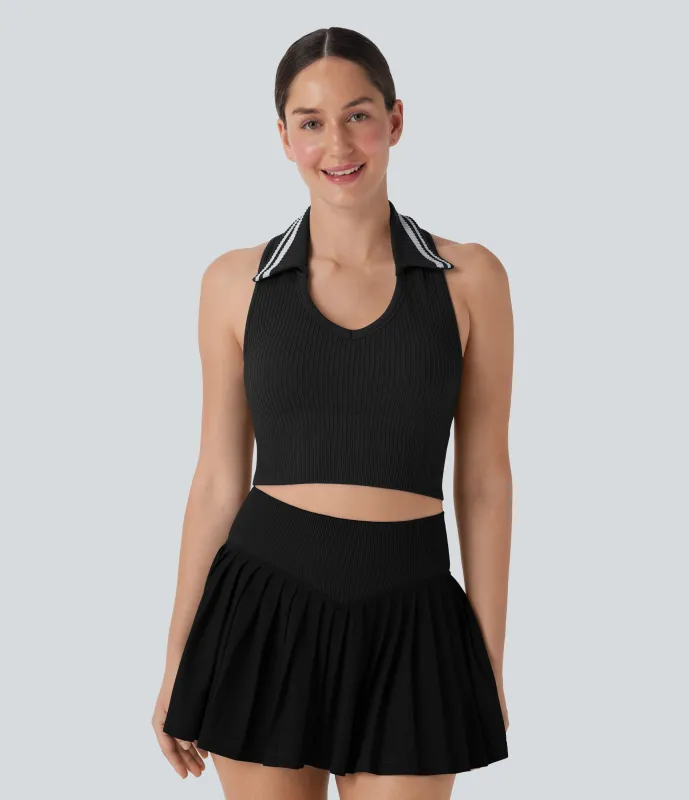 Halara Top de tenis corto sin mangas con cuello, espalda descubierta y bloques de color - Black - XL sold by Halara