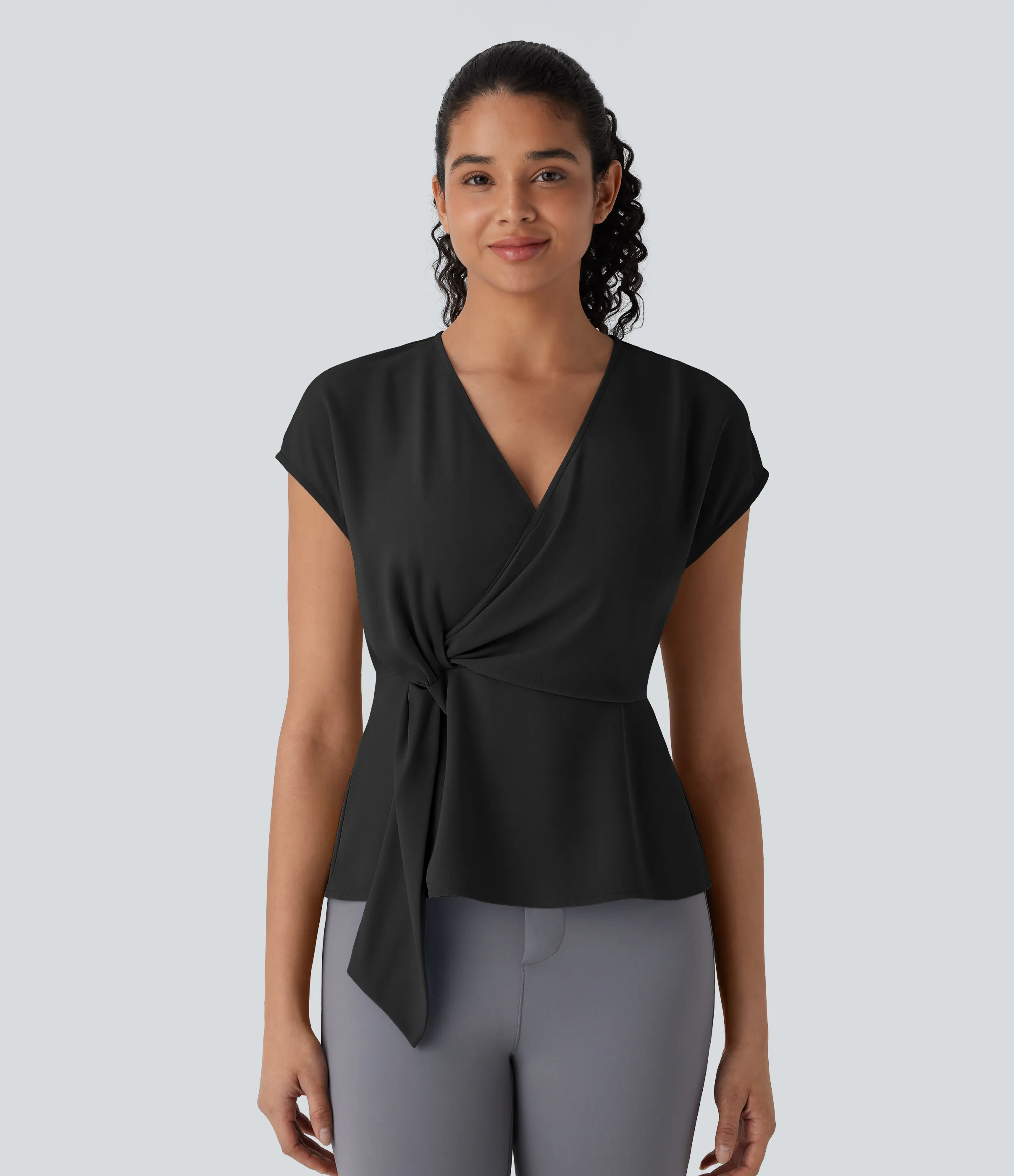 Halara Blusa oficina cruzada cuello V manga corta fruncida - Black - XS sold by Halara product image thumbnail 2