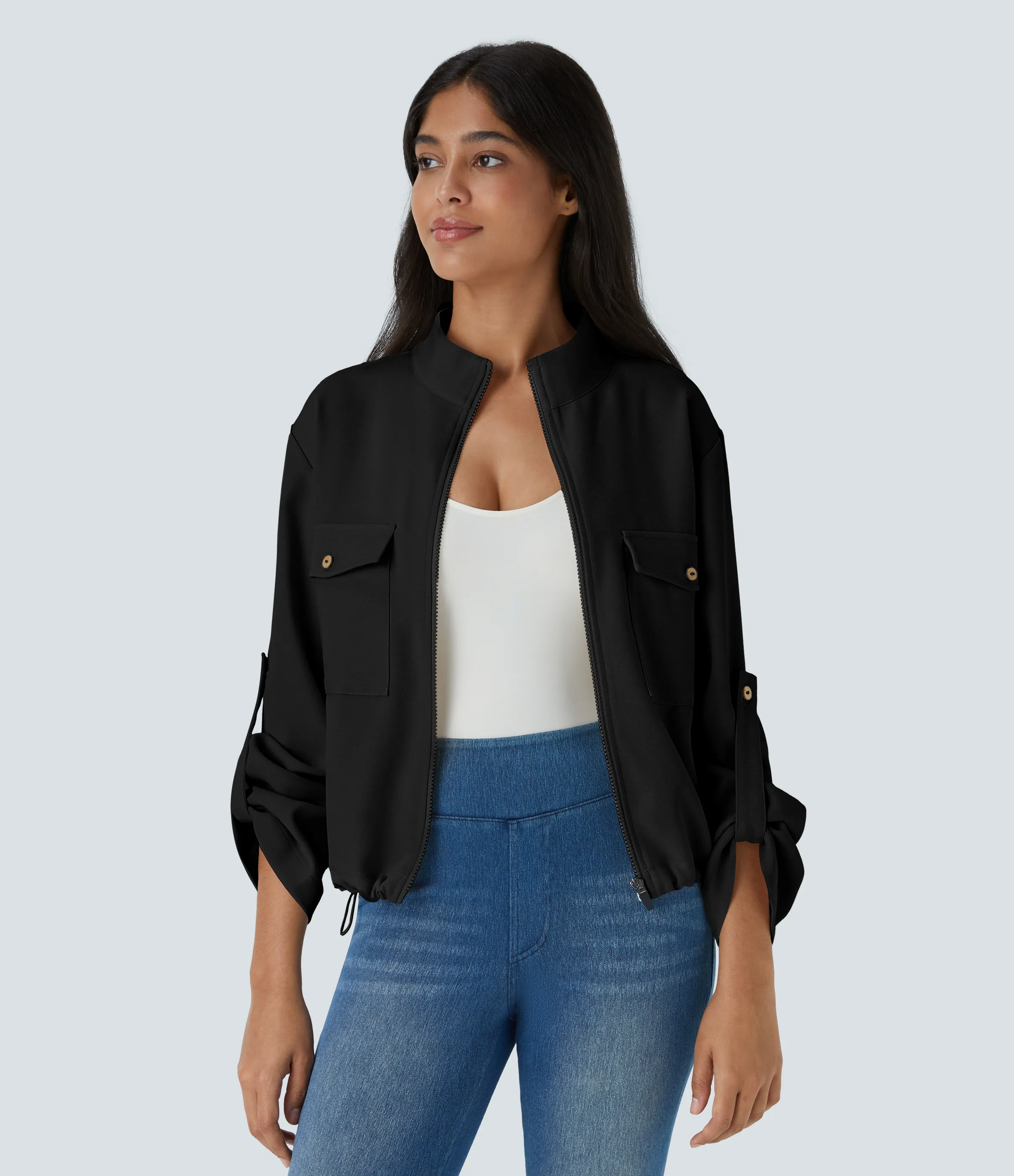 Halara Chaqueta cuello alto manga enrollable bolsillo solapa cordón interior dobladillo cremallera - Black - XL sold by Halara product image thumbnail 2