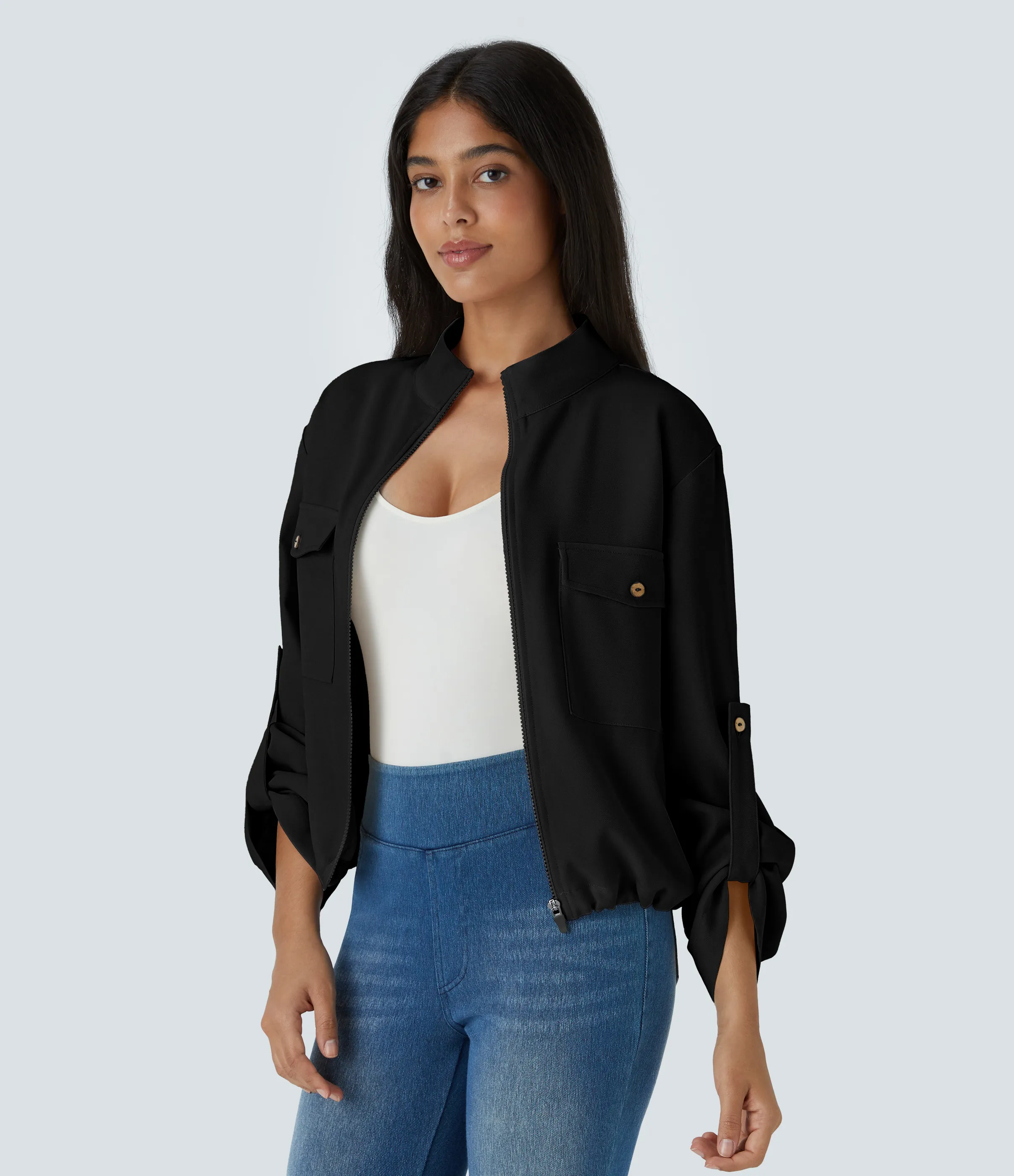 Halara Chaqueta cuello alto manga enrollable bolsillo solapa cordón interior dobladillo cremallera - Black - XL sold by Halara product image thumbnail 4