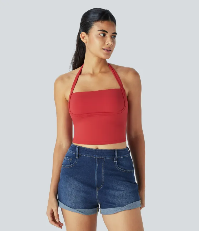 Halara Camiseta sin mangas recortada sin espalda lazo halter - Salsa - L sold by Halara