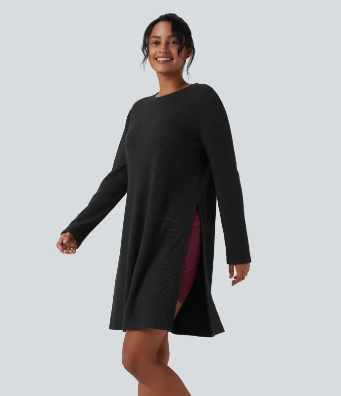 Halara Round Neck Long Sleeve Longline Waffle Knit Casual Sweatshirt - Black - XS sold by Halara