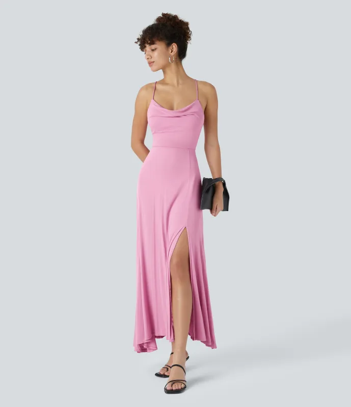 Halara Vestido fiesta midi abertura cordón cruzado sin espalda cuello vuelto acanalado - Sweet Lilac - XL sold by Halara