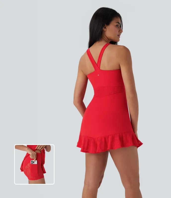 Halara Minivestido de yoga de dos piezas Softlyzero™ con encaje en contraste y espalda descubierta con bolsillo lateral - Vermillion - L sold by Halara