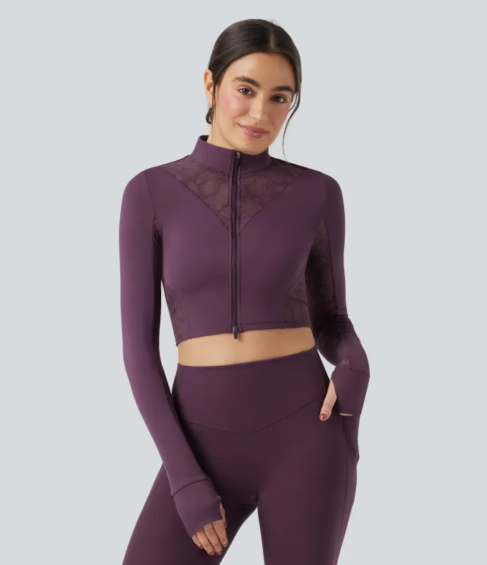 Halara Chamarra de yoga SoftlyZero™ con doble cremallera y encaje en contraste con aberturas para los pulgares - UPF50+ - Dusky Evening purple - S sold by Halara