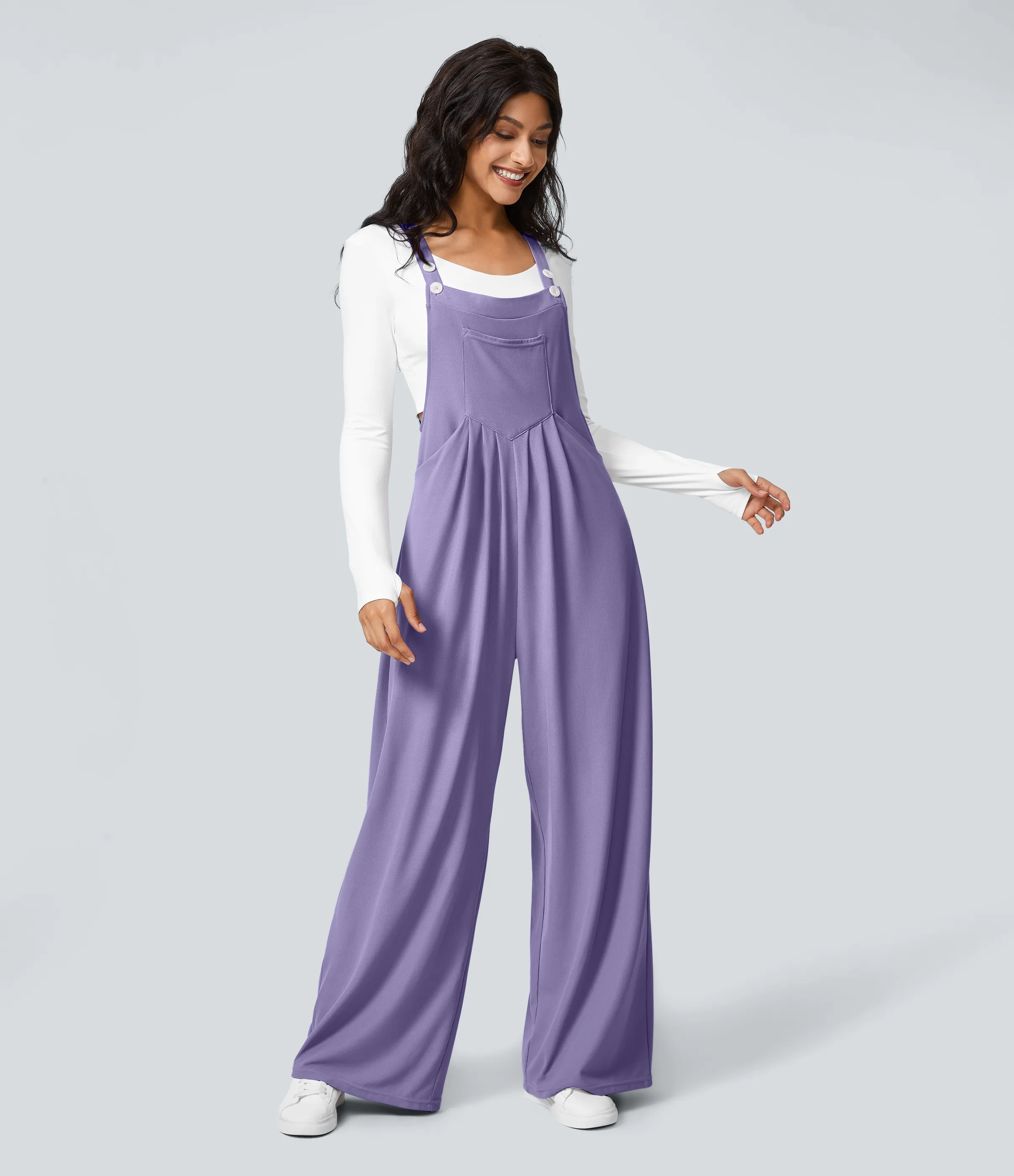 Halara Overol botón correa ajustable bolsillo múltiple gofre plisado - Mellow Purple - L(petite) sold by Halara product image thumbnail 3