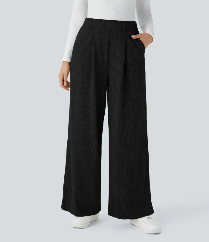 Halara Pantalón pierna ancha bolsillo lateral plisado tiro alto canalé - Black - XS(regular) sold by Halara