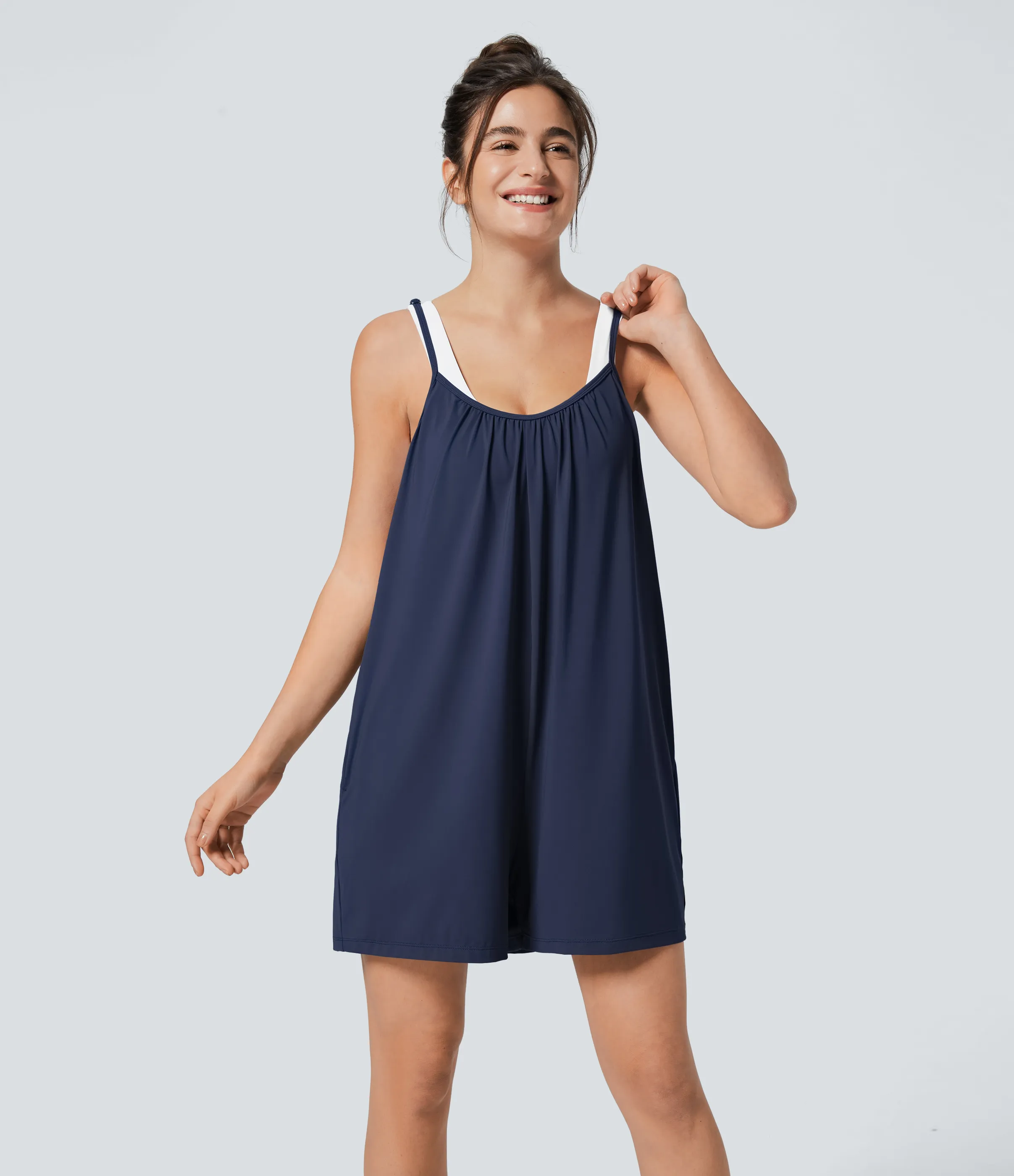 Halara Mono pierna ancha liso bolsillo lateral plisado correa ajustable espagueti - Black Iris - M(regular) sold by Halara product image thumbnail 4