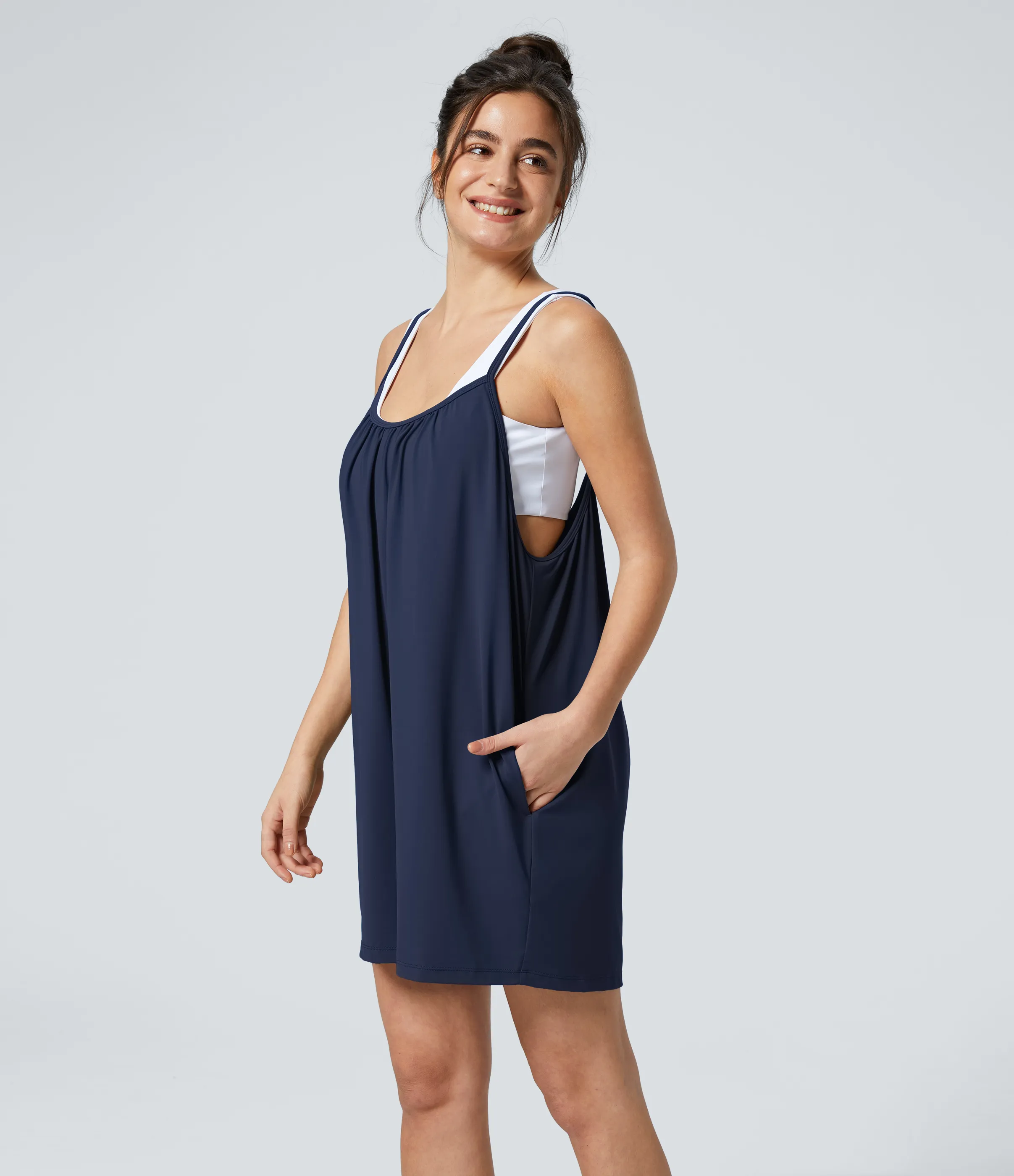 Halara Mono pierna ancha liso bolsillo lateral plisado correa ajustable espagueti - Black Iris - M(regular) sold by Halara product image thumbnail 5