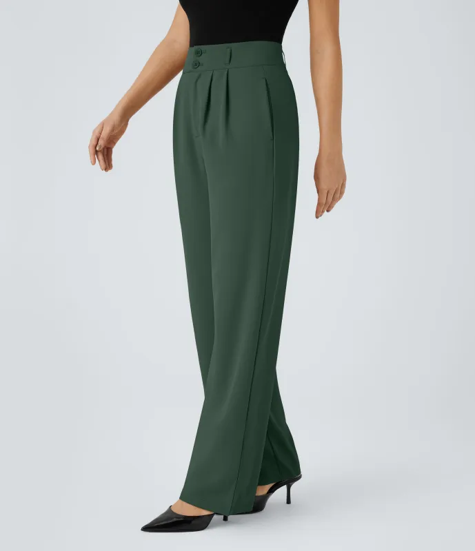 Halara Pantalón oficina tiro alto botón cremallera bolsillo lateral fruncido pierna recta - Dark Green - S(regular) sold by Halara