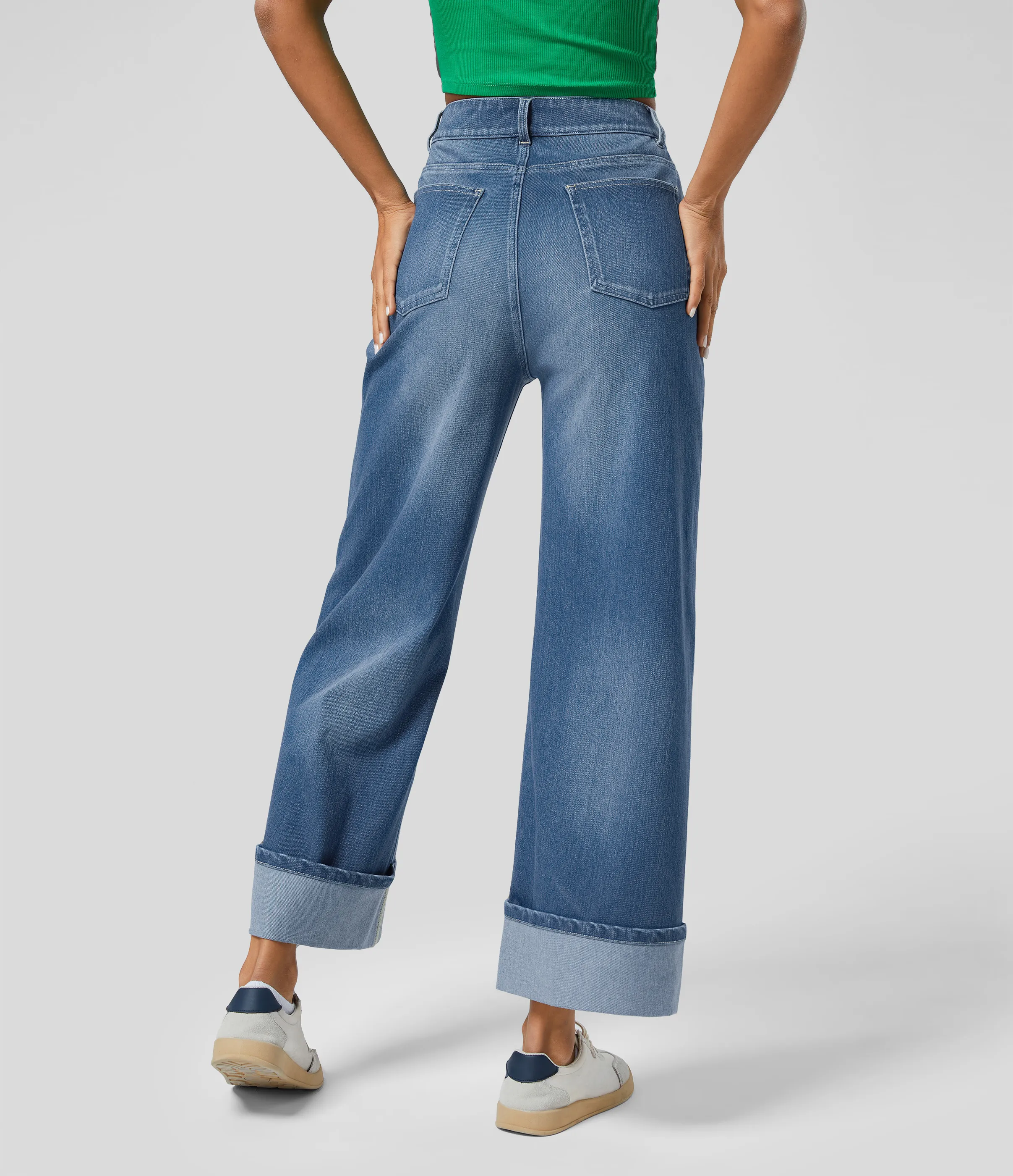 Halara Jeans casuales anchos elásticos Halara Flex™ lavados de tiro alto con varios bolsillos y dobladillo enrollado - Blue Spruce Denim - S(tall) sold by Halara product image thumbnail 3