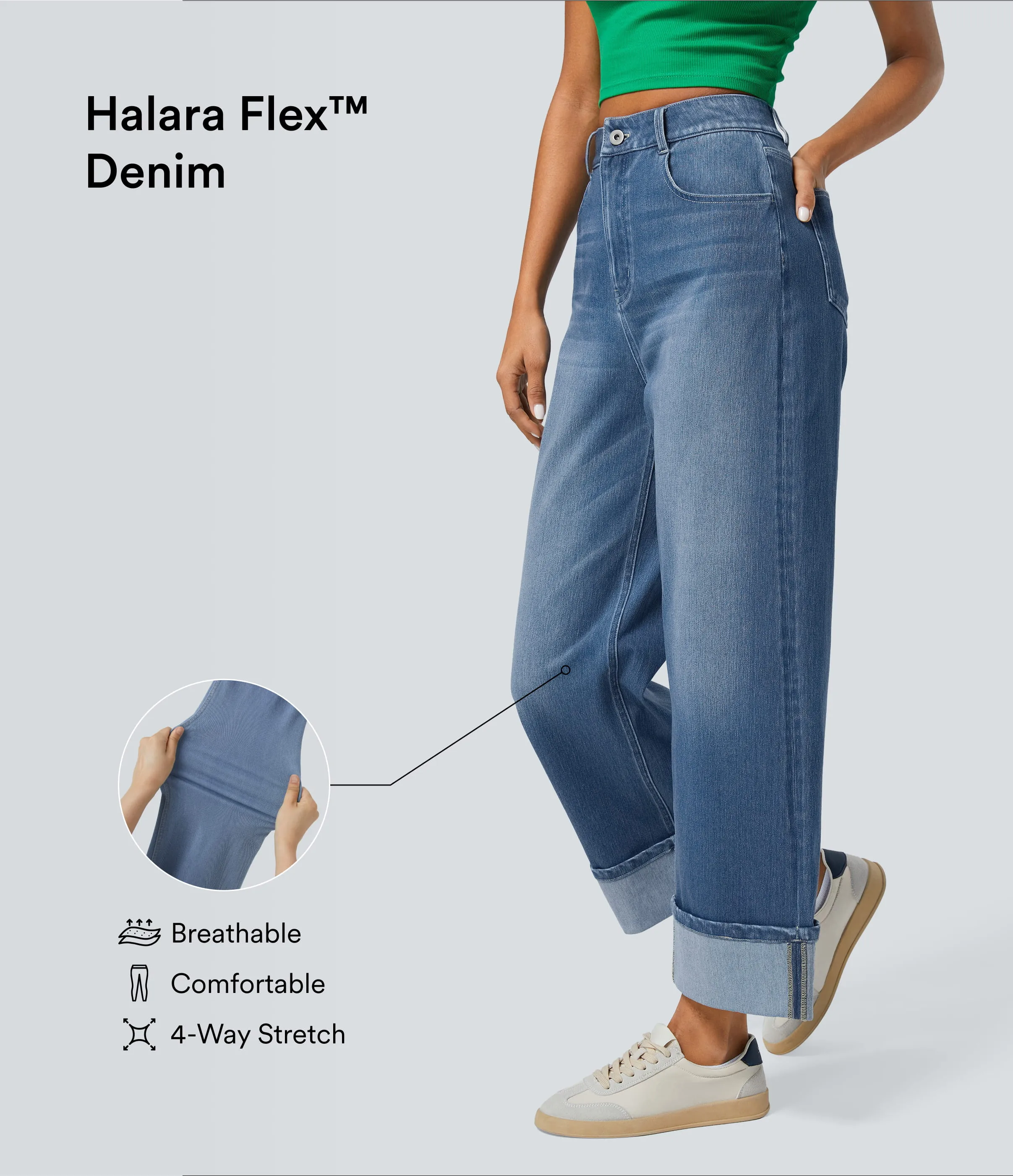Halara Jeans casuales anchos elásticos Halara Flex™ lavados de tiro alto con varios bolsillos y dobladillo enrollado - Blue Spruce Denim - S(tall) sold by Halara product image thumbnail 5