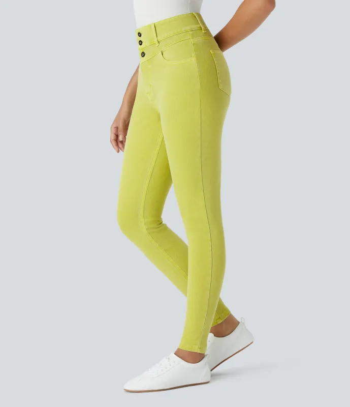 Halara Jeans Halara Flex™ Denim ajustado tiro alto botón cremallera múltiple bolsillo colorido elástico - Bud Tea Denim - L(regular) sold by Halara