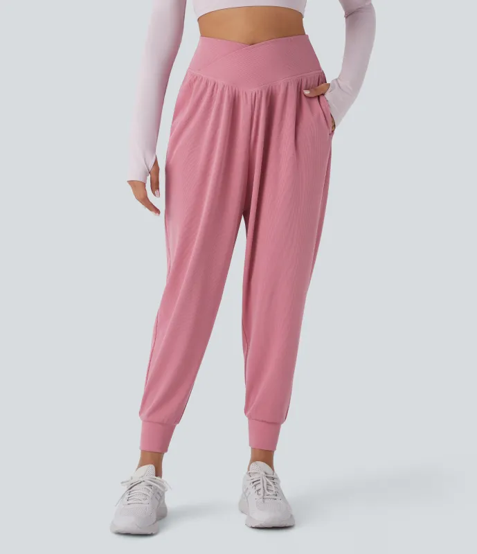 Halara Pantalón yoga tiro alto cruzado pliegue bolsillo lateral - Rouge Pink - XL(regular) sold by Halara