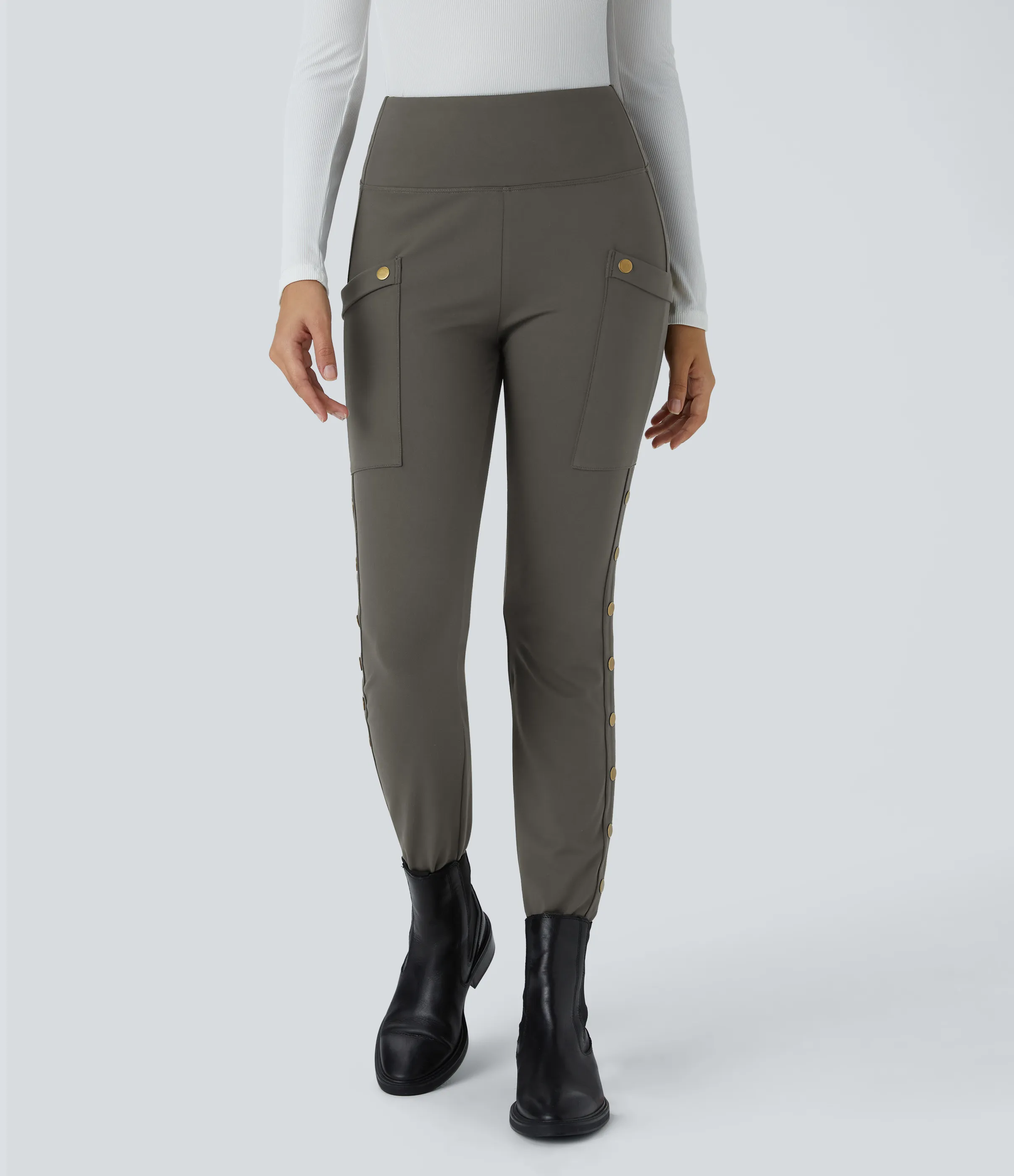 Halara Pantalón ajustado hasta tobillo bolsillo lateral botón decorativo tiro alto - Deep Red Grey - M(regular) sold by Halara product image thumbnail 2