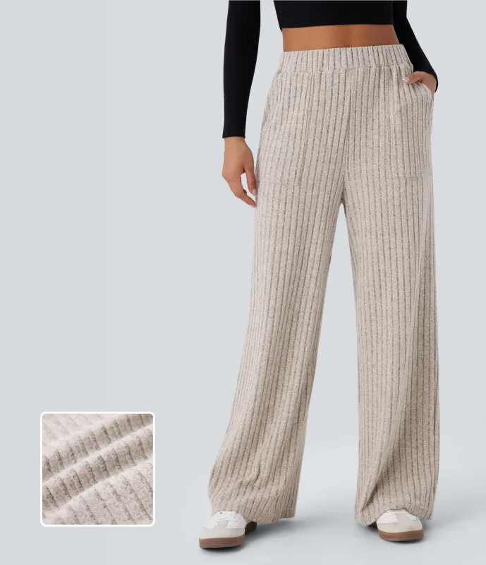 Halara Pantalón pierna ancha múltiple bolsillo tiro alto acanalado - Warm Grey Floral Velvet - XL(regular) sold by Halara