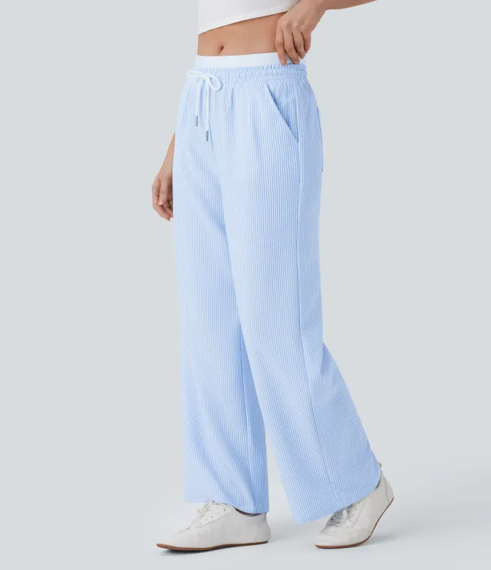 Halara Pantalón pierna recta rayas múltiple bolsillo cordón tiro medio doble capa - Azure White Stripe - L(regular) sold by Halara