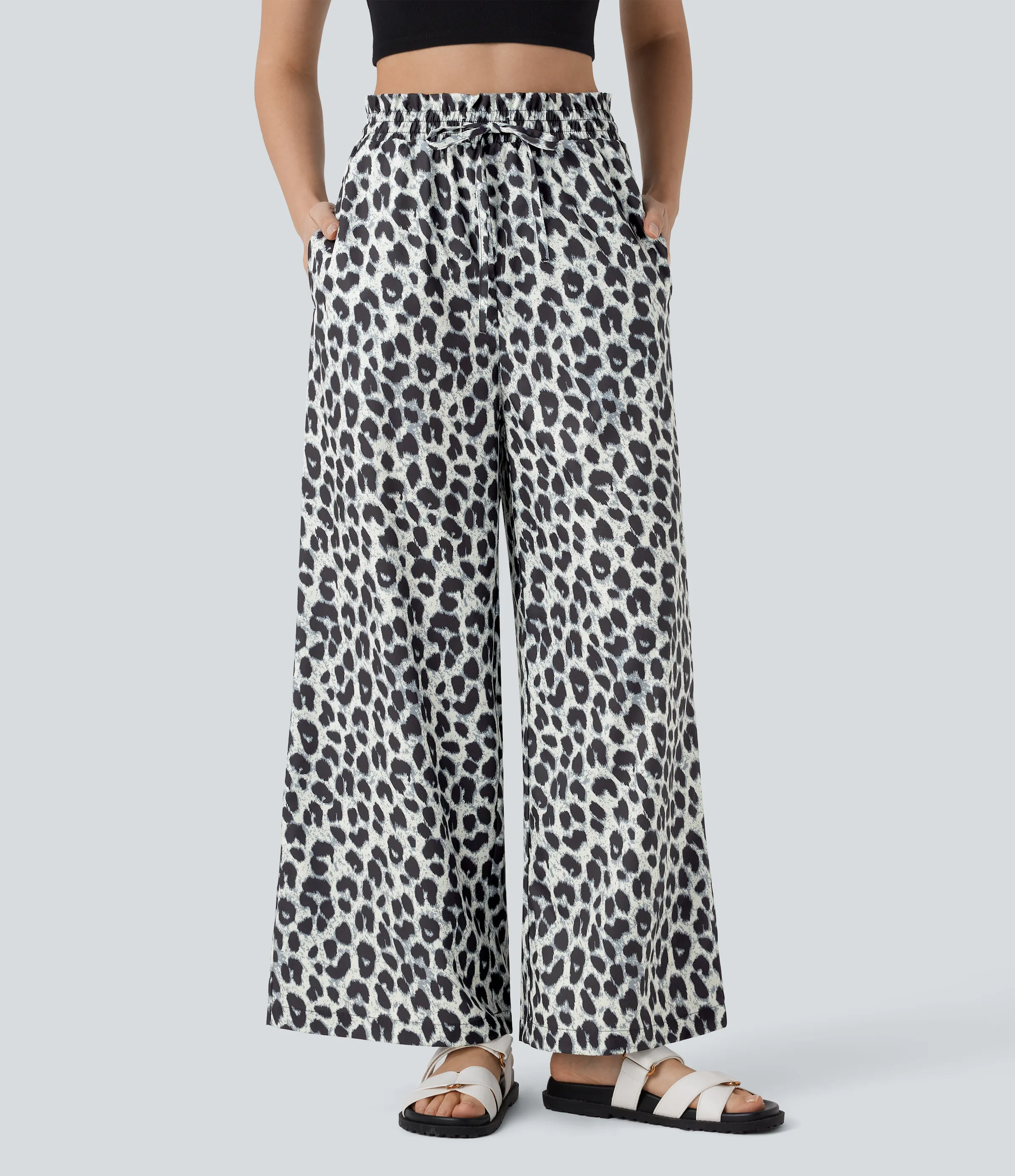 Halara Pantalón pierna ancha estampado leopardo bolsillo lateral cordón tiro alto - Silver Leopard Print - XS(regular) sold by Halara