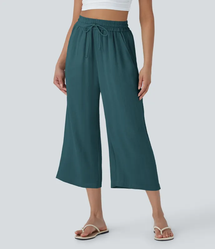 Halara Pantalón lino tiro alto cordón ajustable pierna ancha bolsillo lateral - Atlantic Deep - L(regular) sold by Halara