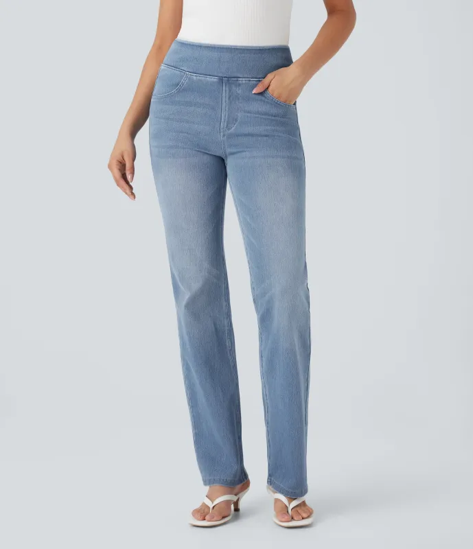 Halara Jeans Halara Flex™ Denim elástico corte acampanado tipo lavado tiro alto efecto moldeador abdomen bolsillo - Blue Jasper Denim - XL(petite) sold by Halara