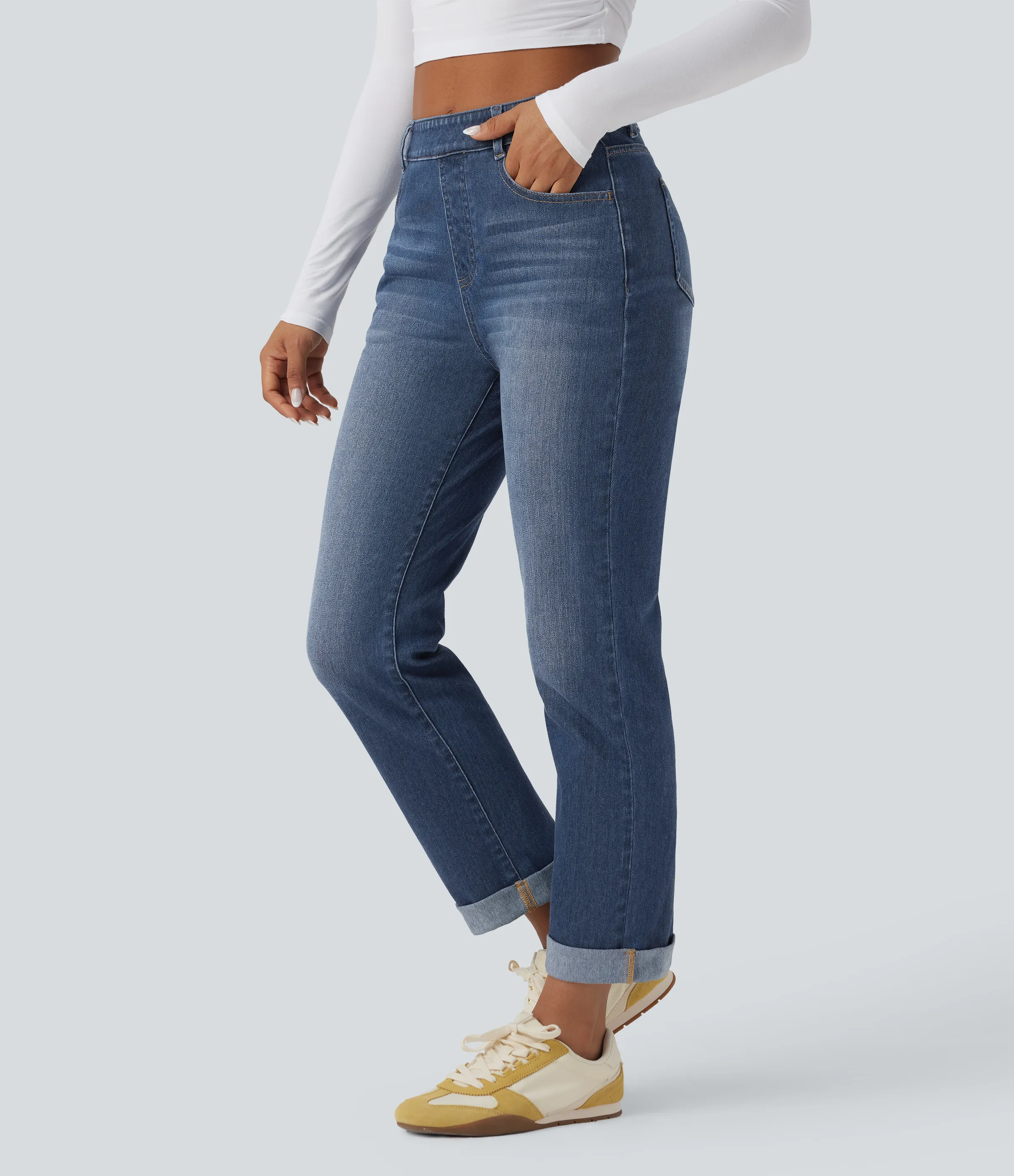Halara Jeans ajustados casuales Halara Flex™ de tiro alto con dobladillo enrollado y bolsillos - Estate Blue Denim - L(tall) sold by Halara product image thumbnail 2