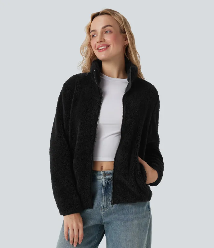 Halara Chamarra casual de sherpa con cuello alto, manga larga y bolsillos - Black - S sold by Halara