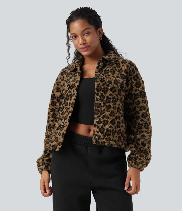 Halara Chamarra casual de sherpa de manga larga con bolsillos - Amber Leopard - M sold by Halara
