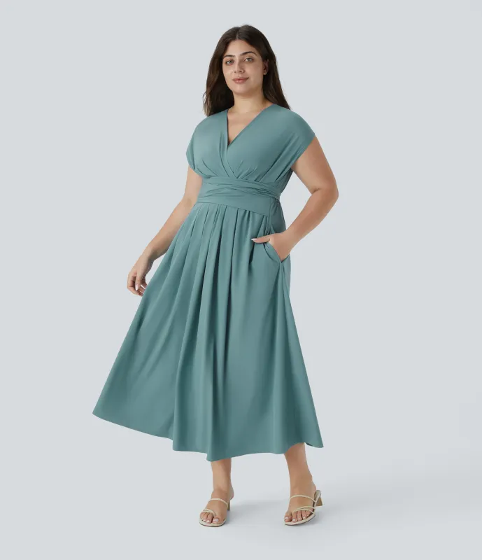Halara Vestido midi Breezeful™ talla grande cuello V manga corta bolsillo lateral lazo espalda secado rápido - Stone Blue - 2X sold by Halara