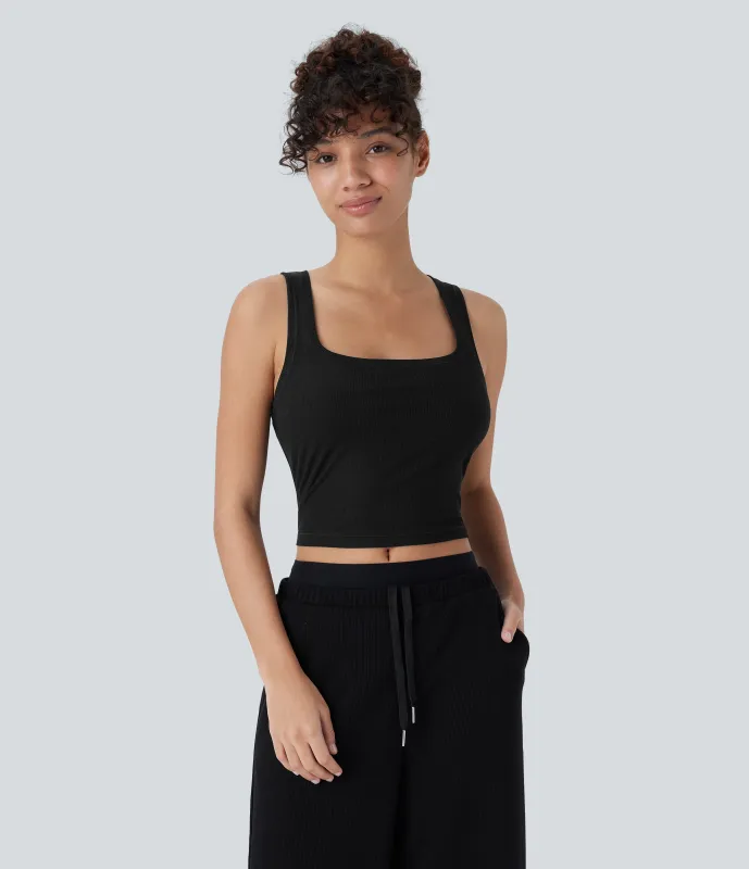 Halara Camiseta sin mangas ajustada cuello U acanalado súper elástica agradable piel - Black - XL sold by Halara