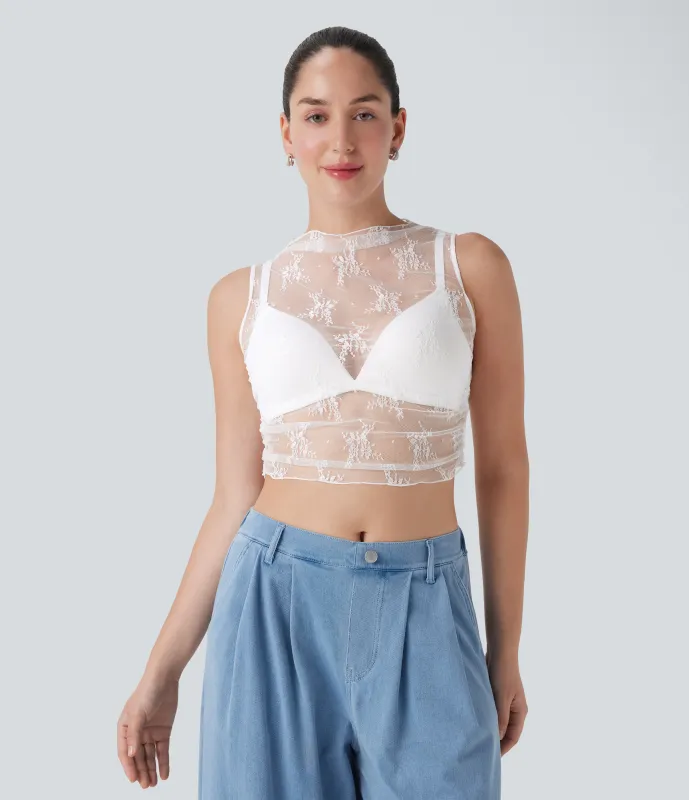Halara Top casual corto fruncido sin mangas con cuello alto y encaje transparente - White - XS sold by Halara