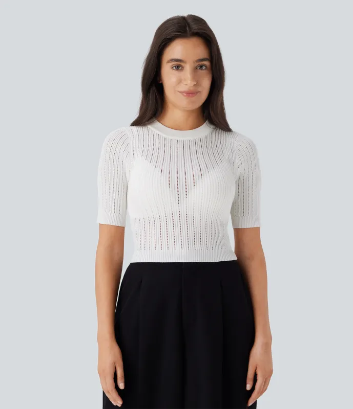 Halara Suéter oficina cuello redondo manga corta abertura - White - L sold by Halara